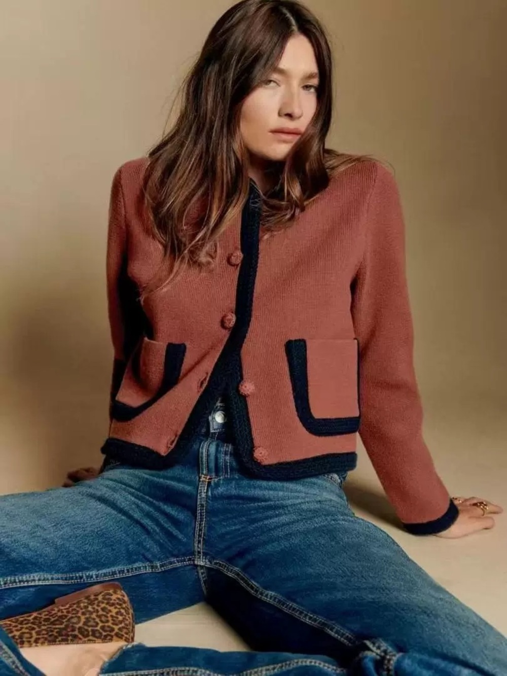 Sezane Auguste Wool Blended Classic Contrast-Trim Cardigan size M